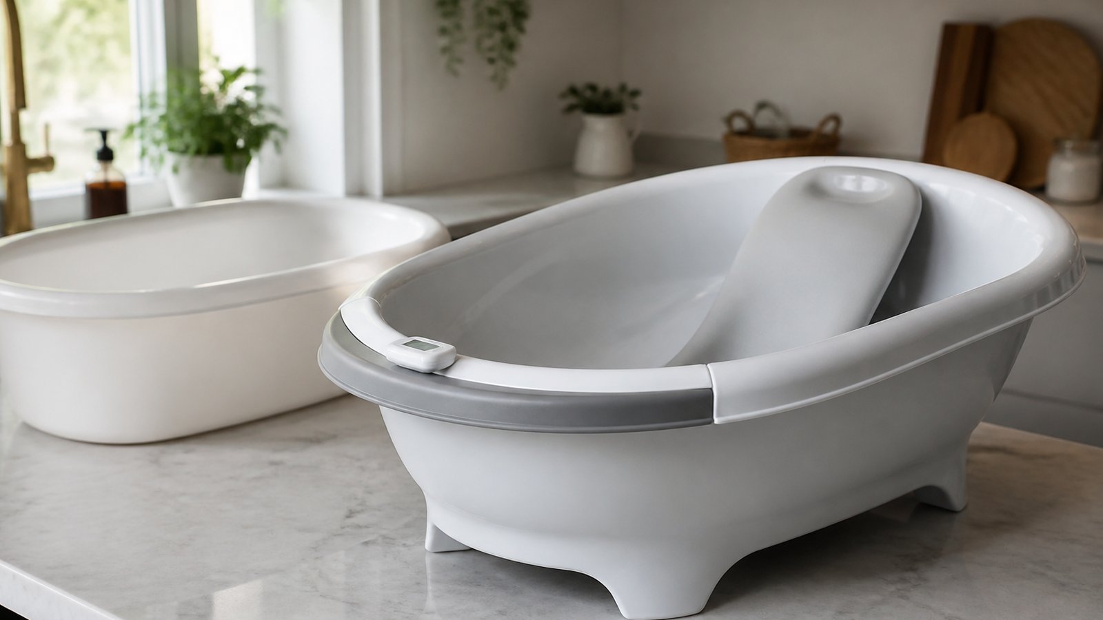 Premium freestanding baby bath on a comparison worktop