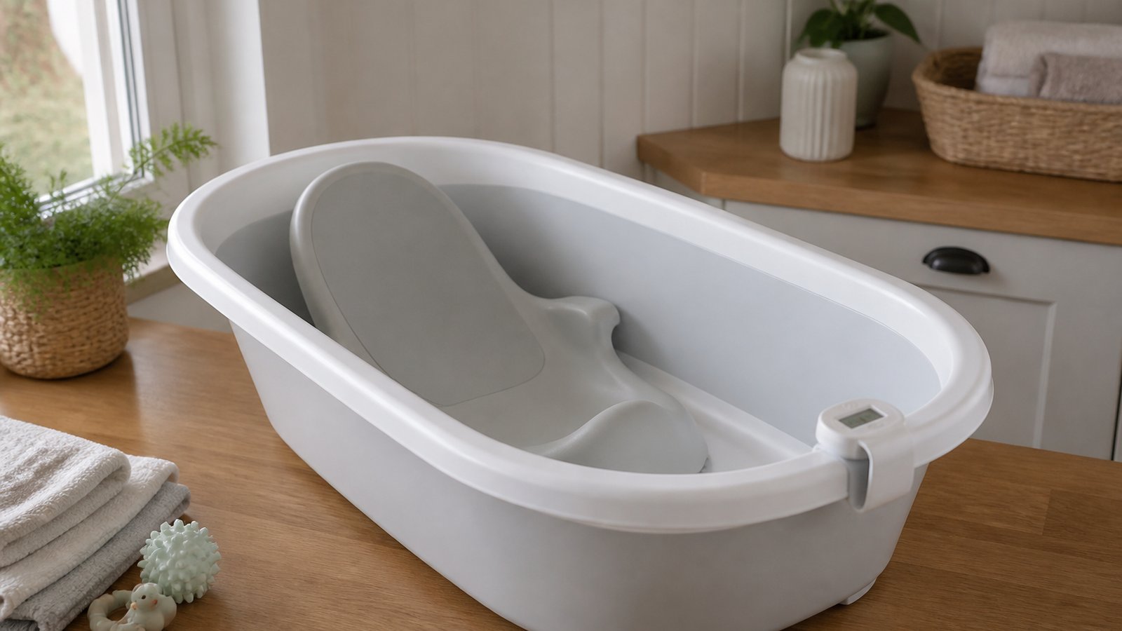 Empty freestanding baby bath with seat on a UK worktop