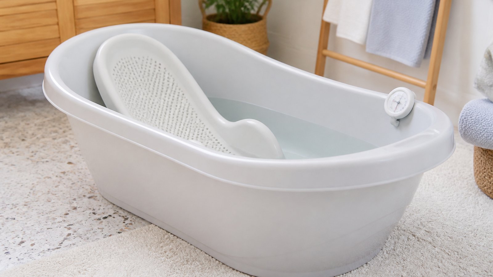 Empty baby bath with thermometer on the rim