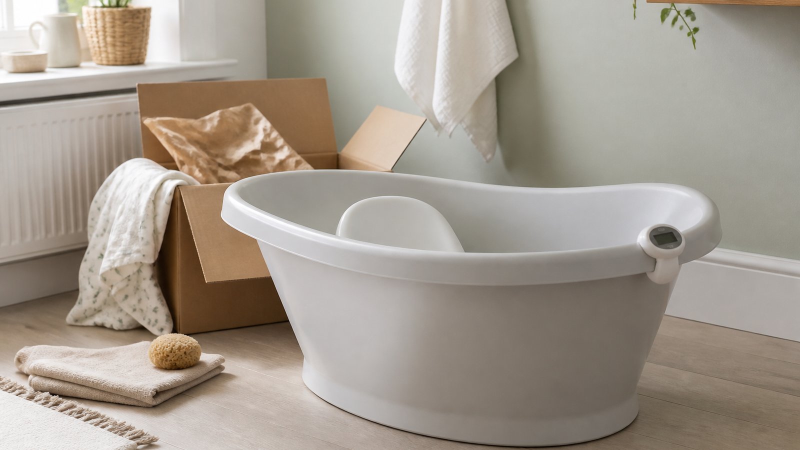 British-made baby bath with eco packaging by a nursery wall