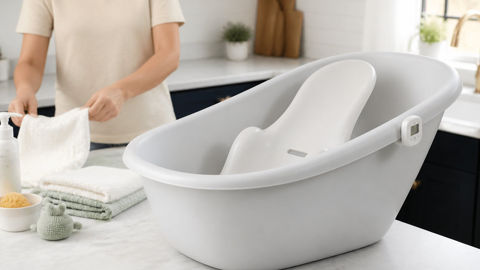 Freestanding baby bath at UK kitchen worktop height
