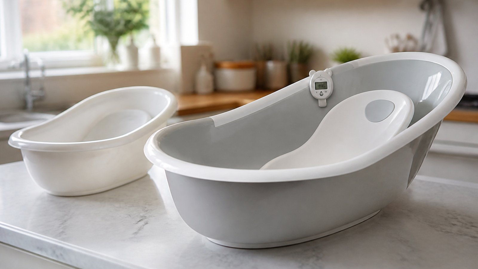 Premium freestanding baby bath on a comparison worktop