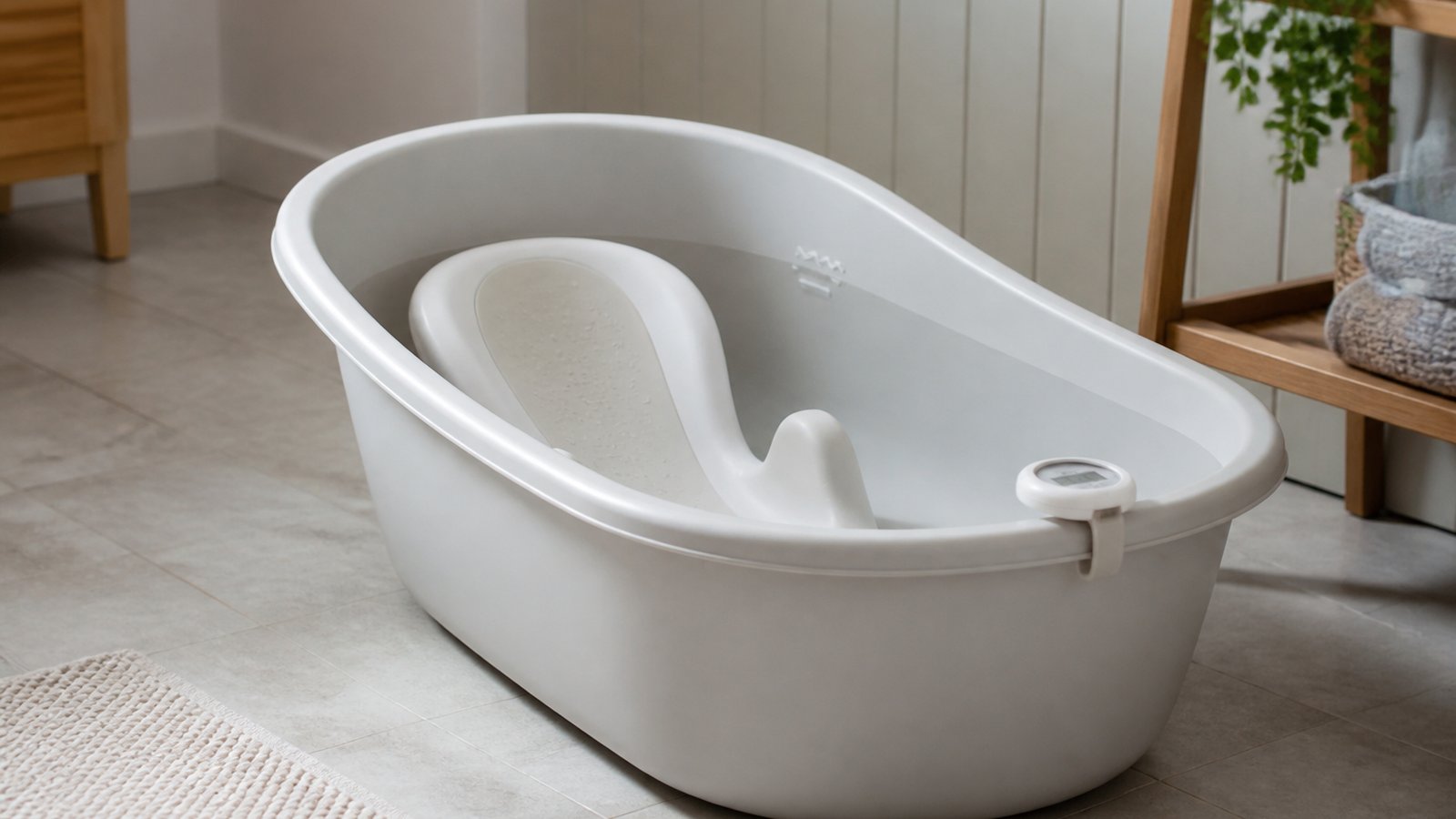 Empty baby bath with thermometer on the rim