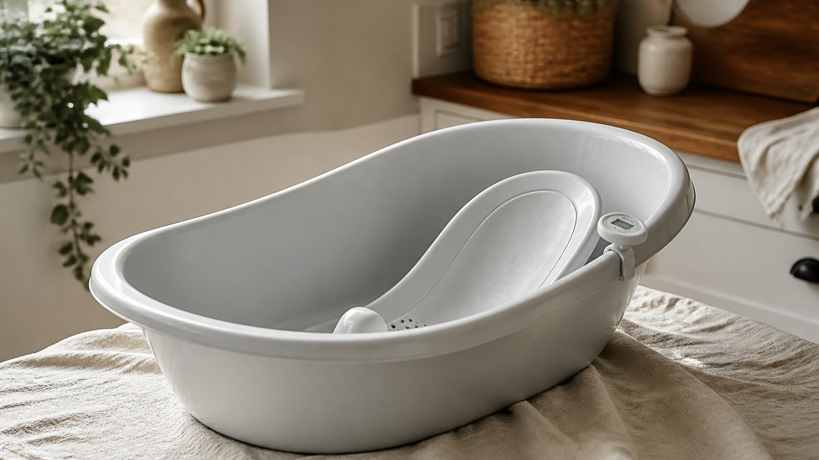 Non-slip baby bath seat fitted in an empty XXL tub