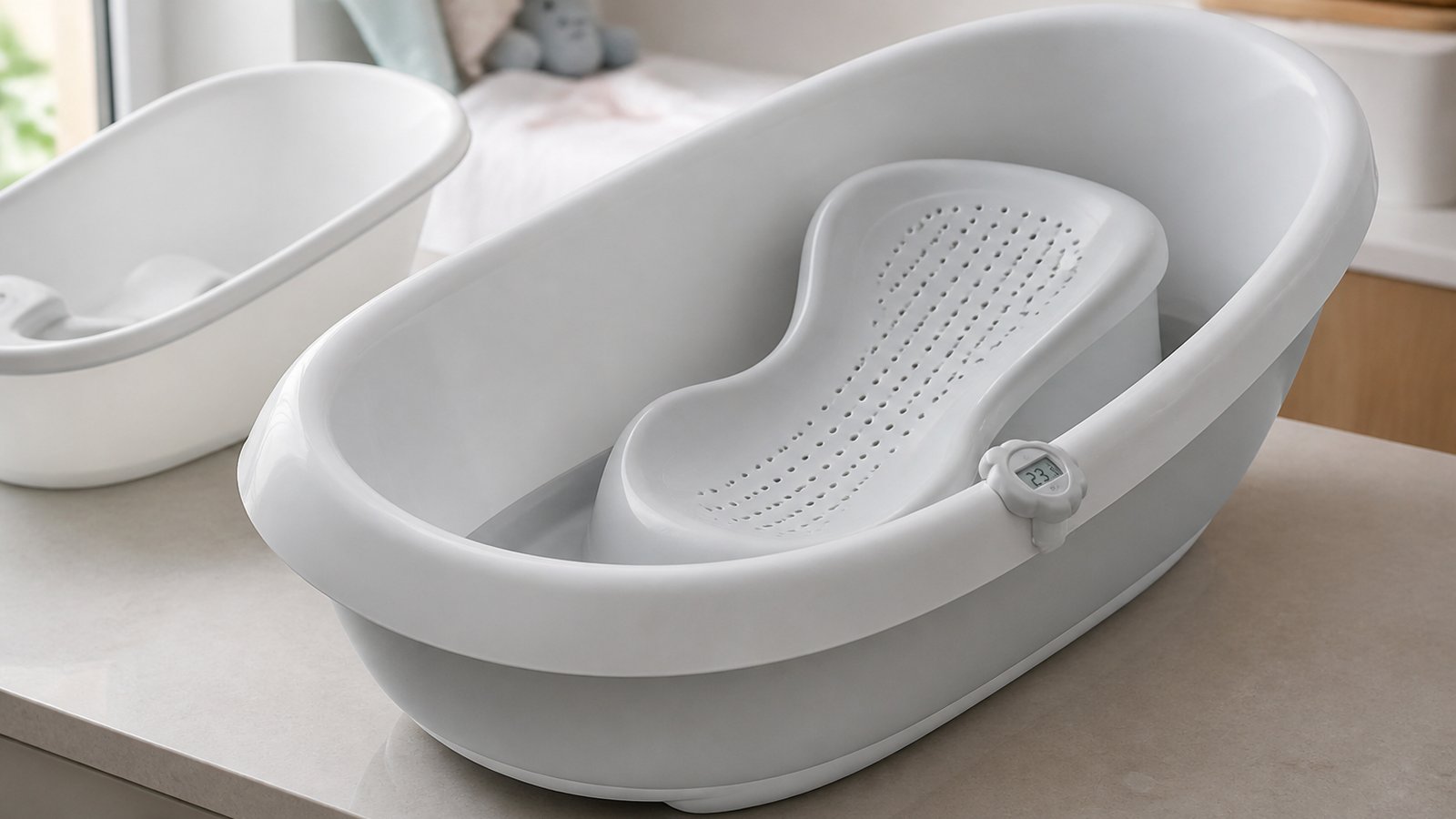 Premium freestanding baby bath on a comparison worktop