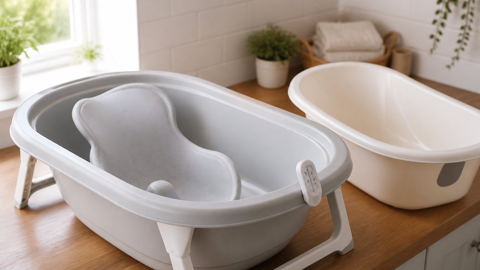 Premium freestanding baby bath on a comparison worktop