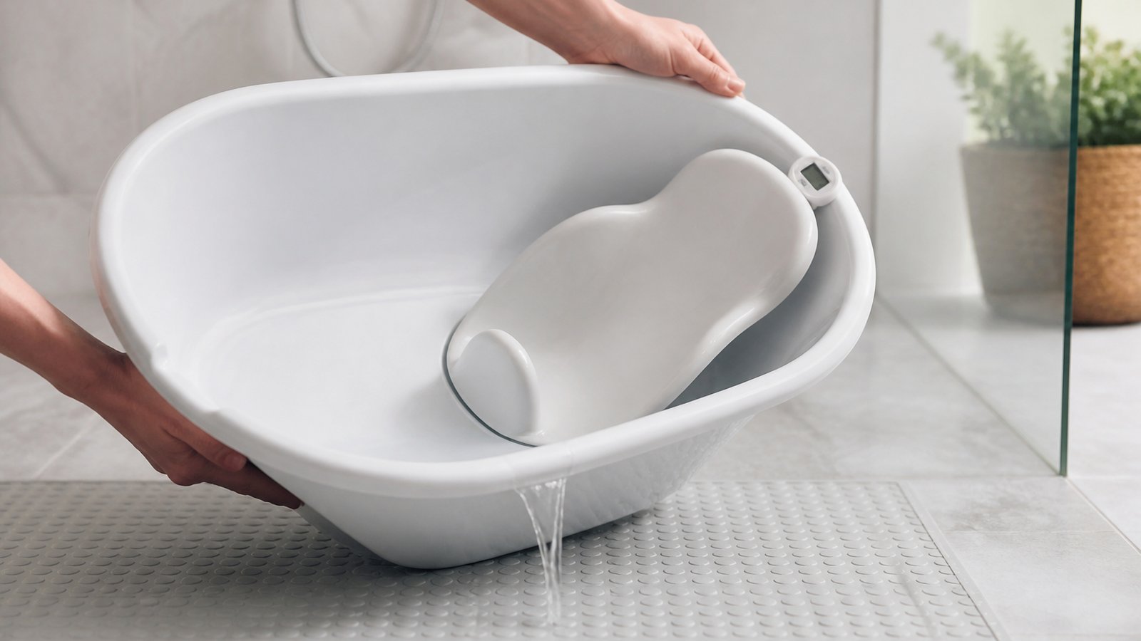 Empty freestanding baby bath with seat on a UK worktop