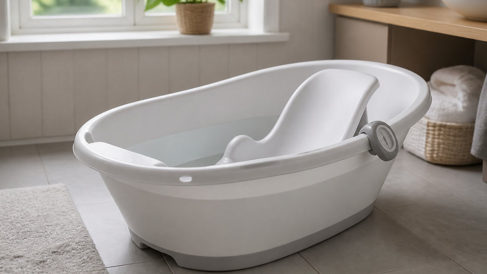 Empty baby bath with thermometer on the rim
