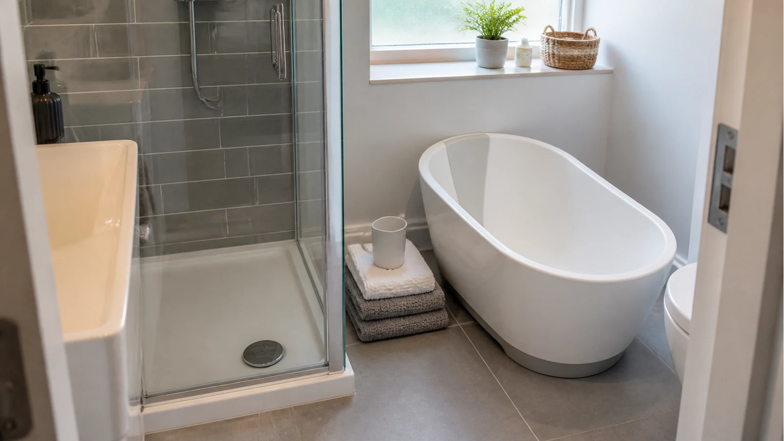Freestanding baby bath arranged beside a shower tray in a small flat bathroom