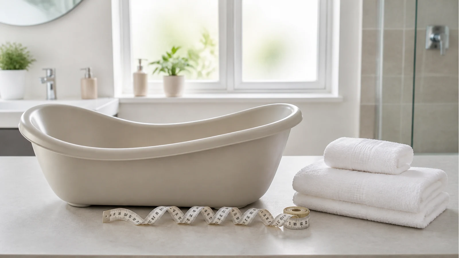 Tape measure and towels beside a baby bath on a stable bathroom surface